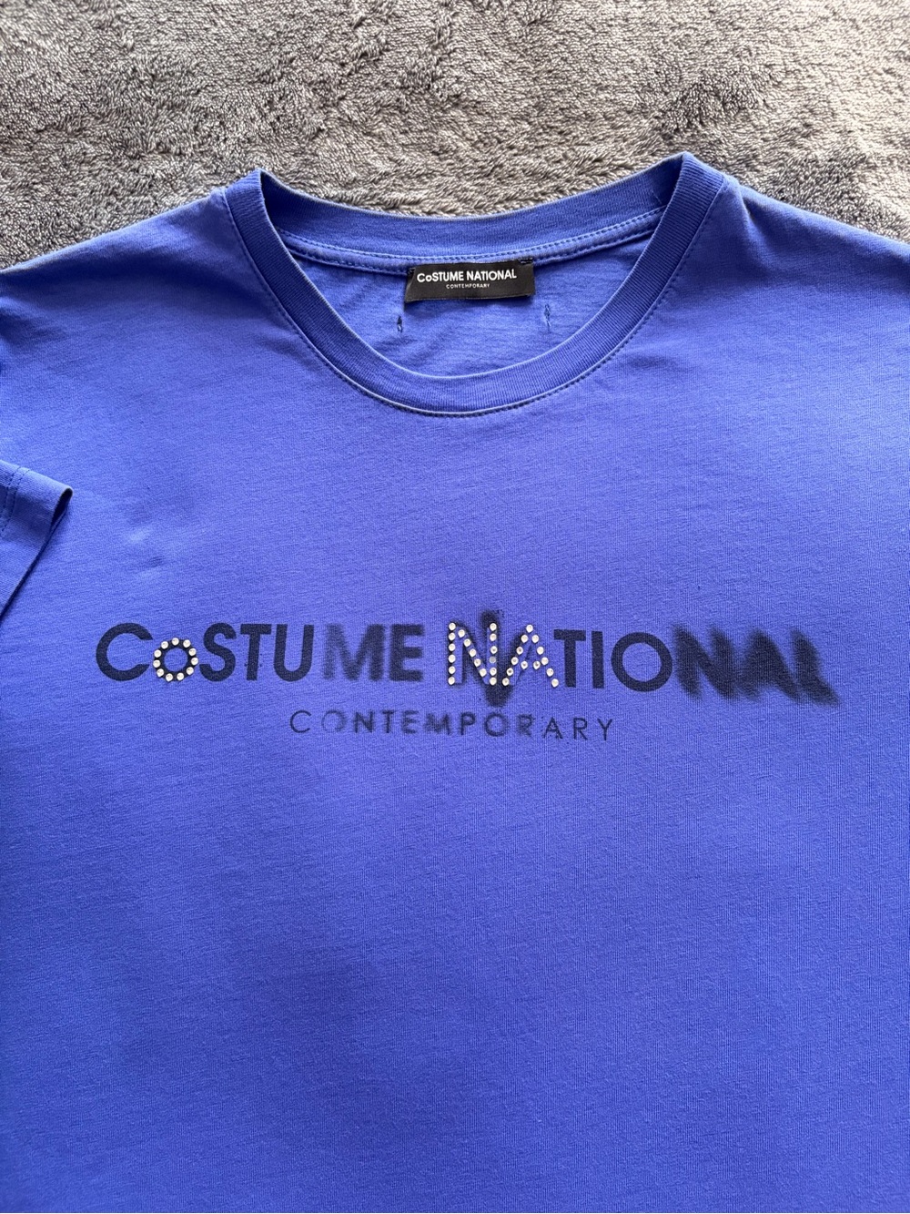 Costume National Contemporary Blue Logo Tee | Rhinestone Detail | Size L